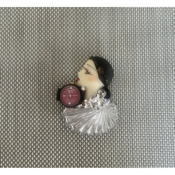 Vintage Art Deco Style Fancy Woman Brooch Pin Watch Rhinestones Acrylic Details - Picture 1 of 4